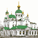 This pixel art showcases a grand cathedral with multiple green domes and golden spires, its intricate details evoking a sense of historical reverence. The building's white facade and clean lines create a striking visual against the minimalist background.