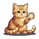 A curious ginger tabby kitten sits playfully reaching for a small, glowing star, its eyes wide with wonder. The pixel art captures a moment of innocent cuteness and gentle whimsy.