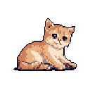 This pixel art image features a cute, ginger cat resting peacefully, its large, dark eyes giving it an endearing and inquisitive expression. The simple, warm color palette and gentle pose evoke a feeling of warmth and tenderness.