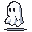 This adorable pixel art features a charming, cartoonish ghost floating playfully against a stark black backdrop. Its simple design and limited color palette evoke a nostalgic, friendly spirit.