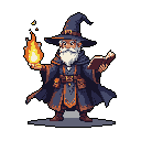 A stout pixel art wizard stands against a black background, conjuring a vibrant flame in one hand while holding an open book in the other. His confident pose and focused gaze suggest ancient knowledge and potent magical abilities.