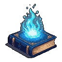 An ornate, dark blue book lies open, emitting a vibrant, ethereal blue flame, hinting at ancient magic and hidden knowledge.
