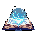 An ancient book bursts with radiant, magical energy in this pixel art image. The open tome, rendered in aged detail, emits swirling cyan and blue light, hinting at forgotten power and mystical events.