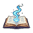 An ancient book bursts to life with a vibrant, light blue magical flame rising from its open pages. The pixel art captures a moment of potent, nascent magic emanating from the aged tome.