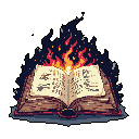 This pixel art depicts an ancient, open book engulfed in vibrant flames, its pages hinting at forbidden knowledge consumed by a powerful, perhaps ominous, magic. The intense fire contrasts with the book's aged appearance, creating a sense of destruction and transformation.
