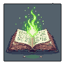 This pixel art depicts an ancient tome bursting with vibrant green magical energy. The book's aged pages reveal illegible, glowing glyphs as the magic erupts upwards, suggesting powerful arcane knowledge unleashed.
