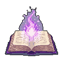 A mystical, open tome bursts with vibrant magical energy, swirling upwards in a flame-like aura filled with sparkling particles. The ancient book, rendered in pixel art, evokes a sense of mystery and powerful knowledge unleashed.