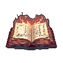 An ancient book bursts with magical energy, its pages alight with indecipherable text and fiery sparks. This pixel art image captures a moment of intense mystical power emanating from a forgotten tome.