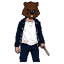 A figure wearing a brown beaver mask and a dark navy blue jacket stands against a black background, holding a small, sharp object. The pixel art evokes a mysterious and slightly unsettling mood with its muted color palette and obscured face.