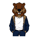 This pixel art features a cool and friendly anthropomorphic beaver in a denim jacket and jeans. The character's relaxed pose and slight smile give off a confident, laid-back vibe against a stark black backdrop.