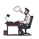 A pixel art image depicts a man with dark hair and a beard, absorbed in work at his desk while smoking against a stark black background. The scene evokes a sense of quiet focus, perhaps tinged with isolation or mundane routine.
