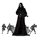 A pixel art grim reaper, skull face stark against a void, ominously cradles a modern assault rifle. The image blends classic symbolism with contemporary weaponry, creating a chilling vision of death in a desolate landscape.