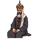 This pixel art portrays a dignified elder, possibly of South Asian or Middle Eastern descent, adorned with a turban and prayer beads. His contemplative gaze and the muted color palette evoke a sense of quiet wisdom.