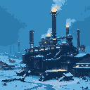 A sprawling, snow-covered industrial complex dominates the scene, its intricate network of smokestacks and buildings glowing with warm light against the cold, wintry dusk. The pixel art captures a stark beauty and sense of industrial power in this isolated landscape.