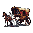 A gleaming knight in silver armor commands a luxurious, red and gold horse-drawn carriage. Pulled by a white and brown steed, the ornate conveyance evokes a sense of regal elegance against a stark black backdrop. The scene hints at a historical fantasy setting, poised between journeys.