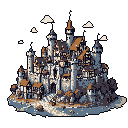 This detailed pixel art showcases a sprawling, isometric fantasy castle built into a rocky hill, its muted colors and intricate architecture evoking a sense of historical grandeur and peaceful solitude. The structure's towers, roofs, and winding path stand out against a backdrop of sparse clouds and deep black, emphasizing its architectural complexity.