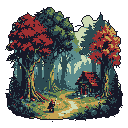 A lone figure journeys along a winding path toward a cozy cabin nestled deep within an autumnal forest. The pixel art scene evokes a sense of peaceful solitude and a quiet return home.