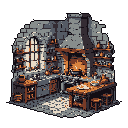 Step into this cozy pixel art kitchen, a meticulously detailed medieval space filled with rustic charm. A warm fire crackles in the hearth, while shelves overflow with kitchen essentials, evoking a sense of peaceful domesticity.