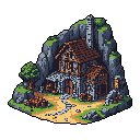 This pixel art showcases a rustic, medieval-fantasy building, a timber-framed house or workshop with stone foundations, nestled into a craggy hillside. The sturdy structure, complete with a stone chimney and arched wooden door, evokes a sense of cozy industriousness and harmony with its natural surroundings.