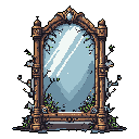 This pixel art showcases an ornate, antique mirror with a richly detailed wooden frame, complete with cracks and winding vines, evoking a sense of forgotten beauty. The mirror's cool blue surface contrasts with the warm browns of the frame, adding a touch of melancholy to the enchanted artifact.