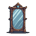 This pixel art showcases an ornate, antique mirror with a richly detailed brown frame, highlighted by elegant gold accents and striking blue gems. The reflective blue-grey glass adds a touch of cool contrast, evoking a sense of mystery and timeless elegance.