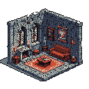 This pixel art image depicts a cozy yet gothic living room, complete with a red rug, sofa, and candlelit fireplace, suggesting a nostalgic and slightly mysterious atmosphere within stone walls.