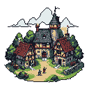 A charming pixel art village centers around a grand, half-timbered building with a conical tower, drawing the eye up the winding path. Two figures stroll towards the village, nestled within lush greenery against a stark black background. The scene evokes a peaceful, nostalgic feeling.