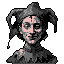 This pixel art portrait features a jester-like figure with a knowing smile, rendered in a striking grayscale palette with a touch of pink. The image evokes a sense of quiet contemplation and sly amusement.