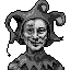 This pixel art portrait features a monochrome jester with a subtly unsettling smile, clad in traditional garb. The stark, detailed rendering and fixed expression create a vintage and enigmatic atmosphere.