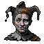 This pixel art presents a somber, almost gothic, jester bust against a black background. The limited color palette and serious expression create an intriguing and melancholic mood, far removed from typical jovial portrayals.