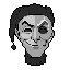 This grayscale pixel art portrait features a stylized head with an asymmetrical expression, hinting at knowingness and mischief. The winking eye and subtle smirk create an enigmatic and slightly unsettling vibe.