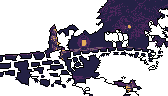 A pixelated, squat building emits a warm glow from its window, contrasting with the surrounding darkness and sprawling foliage. The scene evokes a mysterious and quiet mood with a hint of retro coziness.
