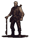 This pixel art depicts a stern, mature figure in rugged gear, possibly a military uniform or explorer's outfit, holding a pickaxe or walking stick. The sepia-toned character exudes a somber yet resilient vibe, hinting at a life of labor or adventure.