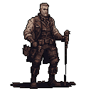 This pixel art depicts a stoic, rugged adventurer or soldier against a black background. He stands ready with a staff-like weapon, his attire and demeanor suggesting a post-apocalyptic or steampunk setting. The muted, earthy color palette enhances the sense of preparedness and quiet determination.