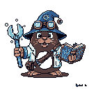 A charming steampunk wizard mole stands ready, wielding a glowing wrench and an illuminated tome, showcasing a unique blend of mechanical skill and arcane knowledge.