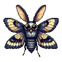 This pixel art features a charming, stylized moth with large, expressive eyes, rendered in soft blues and creams against a stark black background. The symmetrical design and gentle color palette create a whimsical and endearing character.