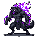 This pixel art features a powerful werewolf-like warrior, its aggressive stance amplified by glowing purple eyes and crackling energy emanating from its body. The formidable creature, a blend of beast and supernatural power, dominates the scene with its imposing presence.