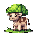 This adorable pixel art features a calm, light-colored calf sporting a comically large broccoli hat. The charming image, set against a black backdrop with a patch of grass, exudes a whimsical and peaceful vibe.
