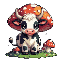 A cute, pixelated cow sports a vibrant, oversized mushroom cap as a whimsical hat. With big, innocent eyes and classic Holstein markings, this charming creature evokes a sense of gentle fantasy.