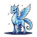 A majestic, ice-blue pixel art pegasus with crystalline wings and a crown of ice stands poised and ethereal. The creature's serene gaze and delicate features evoke a sense of winter magic.