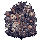 This pixel art depicts a macabre mound of skulls and severed heads, rendered in muted tones to create a grim and unsettling image. The detailed, interwoven forms evoke themes of death and decay.