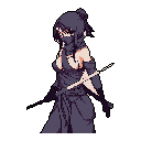 A stealthy kunoichi, rendered in a striking pixel art style, pauses in the darkness, her shuriken ready for action. The muted color palette and enigmatic mask create an atmosphere of quiet intensity. This minimalist character sprite evokes a sense of retro gaming.
