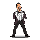 A pixel art image captures a man in a tuxedo, frozen mid-scream against a stark black background. The portrait emphasizes his dramatic expression and energetic stance, creating a feeling of intensity.