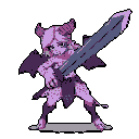 A determined, impish warrior with bat wings and horns wields an oversized sword in this pixel art image. The creature, rendered in a cool purple palette, appears ready for action.