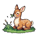 A blissful pixel art fawn, eyes closed and cheeks flushed, peacefully nibbles on a leaf. The charming scene evokes a sense of innocent contentment and tranquility.
