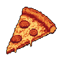 This pixel art image showcases a mouthwatering slice of pepperoni pizza, its warm colors and retro style evoking a sense of simple, delicious satisfaction. The carefully shaded crust, melted cheese, and scattered pepperoni pop against the black background, making it an irresistibly appetizing treat.