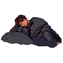 A solitary figure rests in pixelated slumber, curled against a stark black void. The image evokes quiet contemplation and vulnerability through its muted tones and intimate pose.