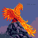A majestic phoenix, rendered in vibrant pixel art flames, perches atop a rocky outcrop. Its fiery wings spread wide, the mythical bird exudes power and a hint of dramatic tension.
