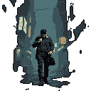 A mysterious figure in a dark coat strides purposefully through a dimly lit urban alley, his face obscured, adding to the image's neo-noir intrigue. The scene evokes a sense of solitude and understated tension.