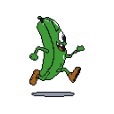 This pixel art image features a dynamic, cartoonish cucumber character leaping forward with comical determination. The vibrant green veggie, complete with boots and a toothy grin, is isolated against a stark black background.